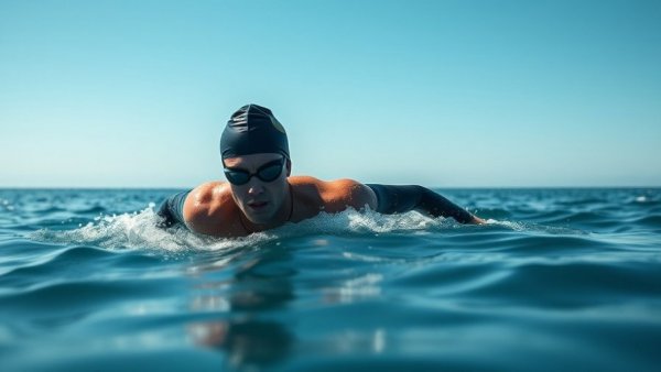Swimmer sighting in open water with clear blue sky background.
