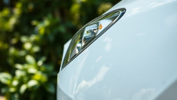 Pollen damage to cars: close-up of white car with minor front damage in greenery.
