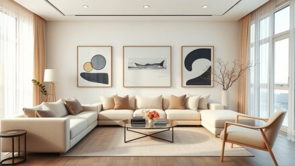 Elegant living room with beige sofa and art, chic home style
