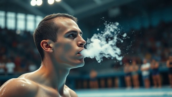 A focused swimmer exhaling mist during a competition, related to World Record in Men's 800 Freestyle.