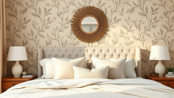 Cozy bedroom design with beige tones and nature wallpaper, personalized home design trends 2023.