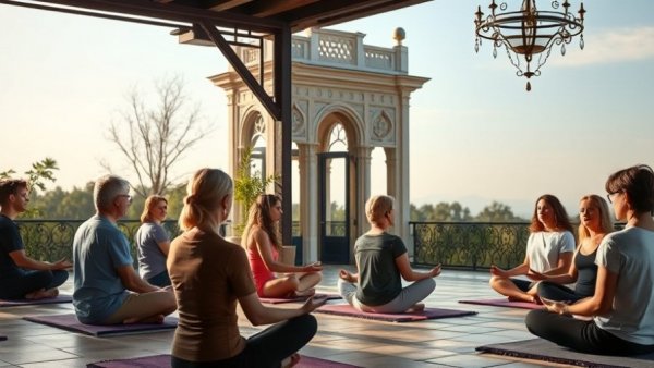 Group meditating outdoors, mindfulness monitoring focus.