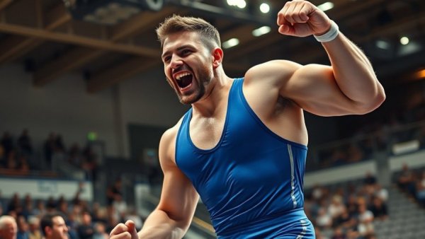 Artur Sargsian determination in wrestling victory pose.