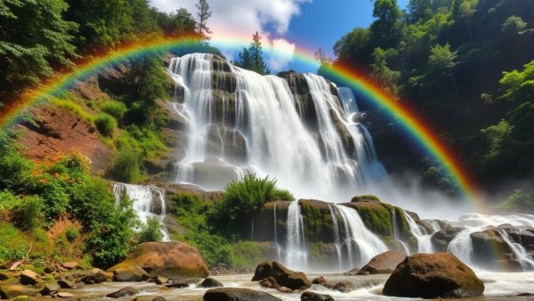 Captivating Bolaven Plateau waterfall with rainbow and greenery.
