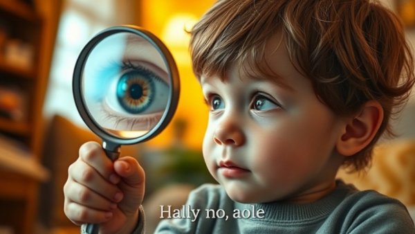 Young child's curiosity with magnified eye and humility theme.