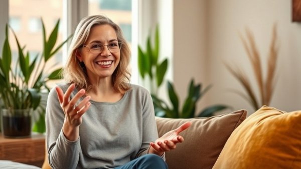 Woman discussing creatine benefits during perimenopause, indoors.