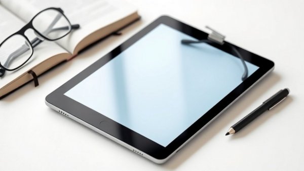 Digital book cover on a tablet with coffee and glasses.