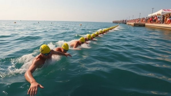 Swimming start technique: swimmers begin race in open water.