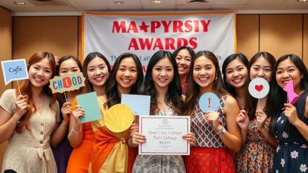 Young women at ORCA Awards in Swimming, celebrating with props.