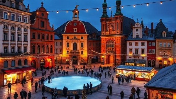 Poland market entry guide: festive Warsaw market square evening.