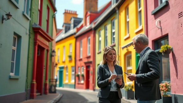 Colorful Irish street with professionals discussing property market issues.