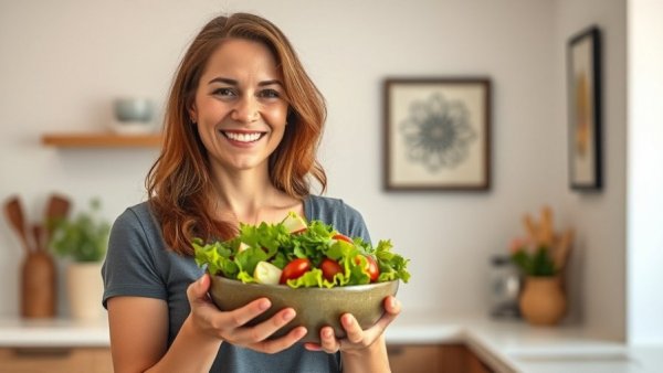 Woman with salad in kitchen, promoting healthy living.