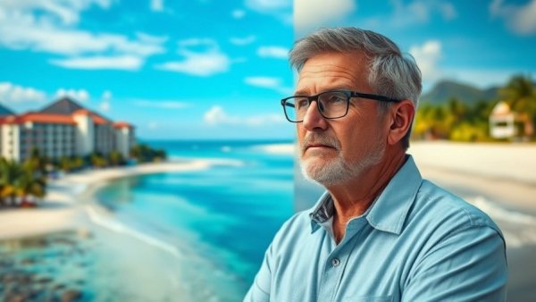 Middle-aged person contemplating retirement in Hua Hin vs Cha-Am, tropical contrast.