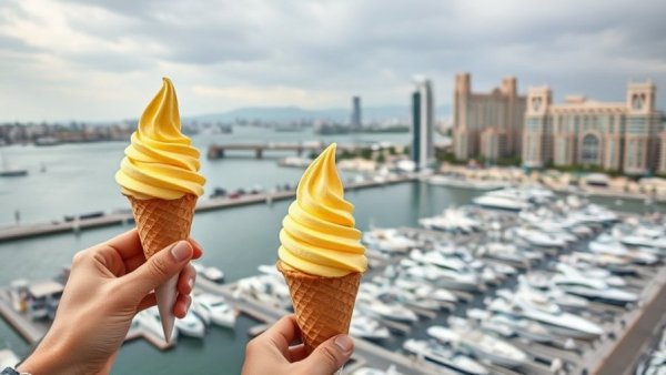 Durian flavored gelato in Qatar marina scene with boats.