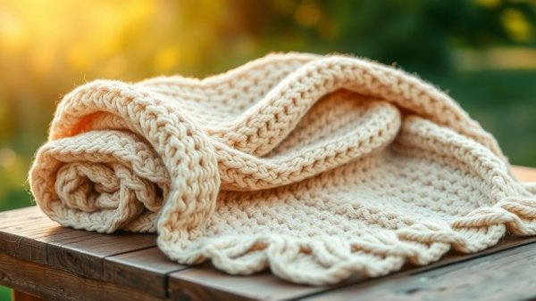 Soft knitted blanket on table, calming sunlight enhances texture.