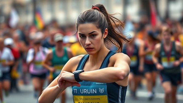 Female runner checking time at Boston Marathon women 2026.
