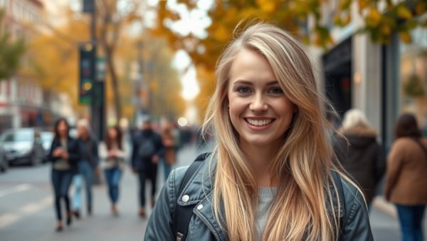 Urban street in Madrid highlighting autumn with a smiling blonde woman.
