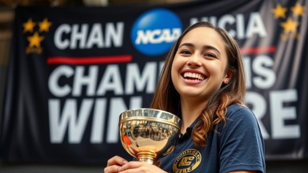 Young woman with trophy at NCAA championship, Honda Sport Award for Swimming.