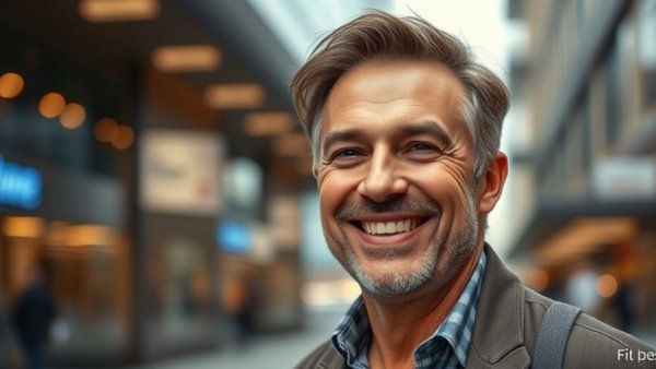 Middle-aged man smiling in urban setting symbolizes community pride in Qatar