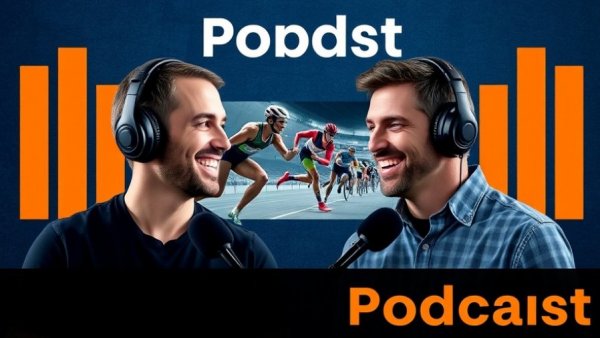 Podcast cover featuring athletes with hosts, relay greatness theme.