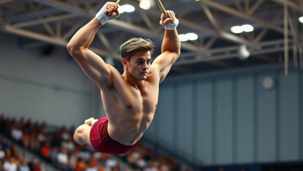 Gymnast performing on rings at a competition with audience.