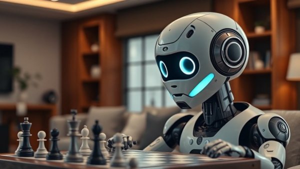 Newest robot in my smart home playing chess on a wooden table.