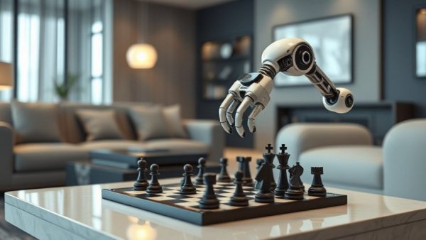 Futuristic chess robot interacting in modern home