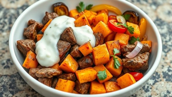 Healthy Philly Cheese Steak Bowls with colorful vegetables and yogurt sauce.