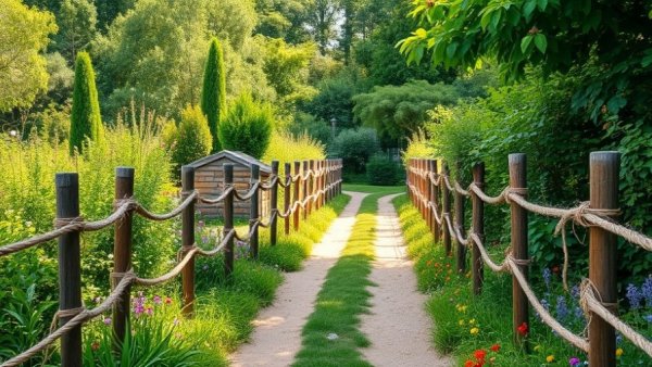 RHS Wisley garden path with straw fencing and lush plants.