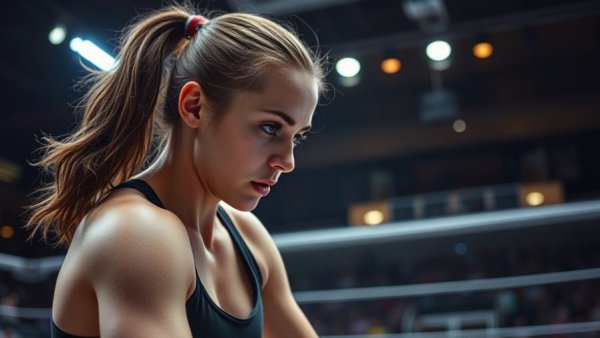 Focused female wrestler at women's wrestling semifinals highlights