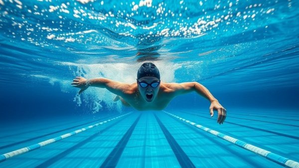Underwater freestyle swimming technique demonstration in a pool.