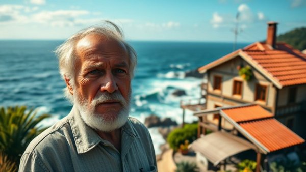 Cheap property and residency with coastal view and man in foreground.