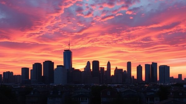 City skyline at sunset with vibrant colors and skyscrapers.