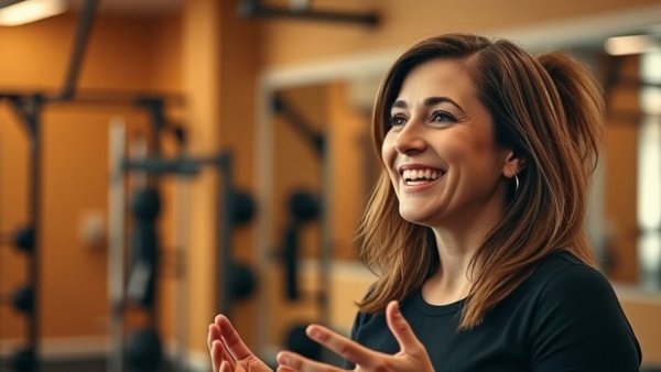 Engaging woman discussing importance of SafeSport in a gym setting.