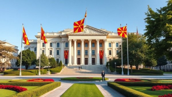 North Macedonian government building with flags, bright daylight.