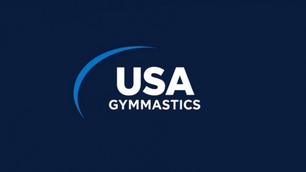 USA Gymnastics logo on blue background for 2028 Olympic Trials Announcement Louisville KY.