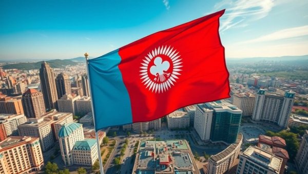 Aerial view of Bishkek with Kyrgyzstan flag, representing agricultural growth.