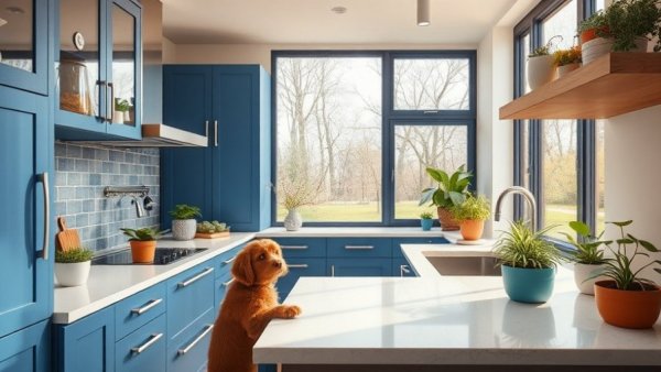 Spring Lifestyle Trends 2026 in a sunlit kitchen with plants and a dog.