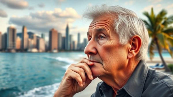Thoughtful man deciding between city and beach for retirement.