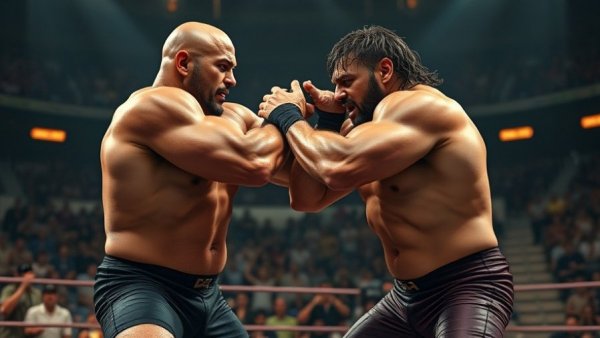 Intense wrestling match, two athletes in action, dynamic scene.