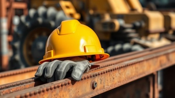 Yellow hard hat and gloves on rusty beams depicting safety violations.