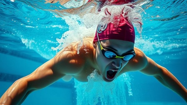 Competitive swimmer performing underwater with hand anchor technique.