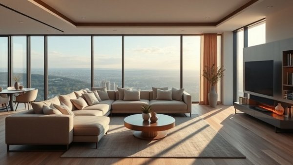 Modern luxury living room design trends 2026 with sectional sofa and warm lighting.