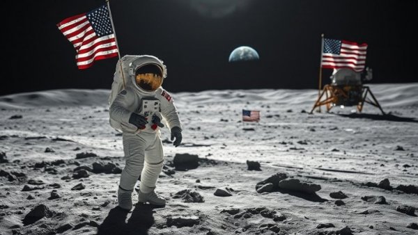 Astronaut on the Moon with lunar lander and Earth visible, representing patent strategies in space and Earth technologies.