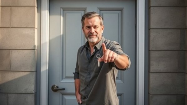 Homeowner life changes and adjustments depicted by a man holding a key.