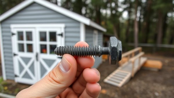 Close-up of hand holding screw with a shed in the background.