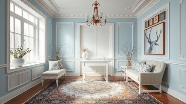 Elegant living room with pastel blue decor for spring home ideas.