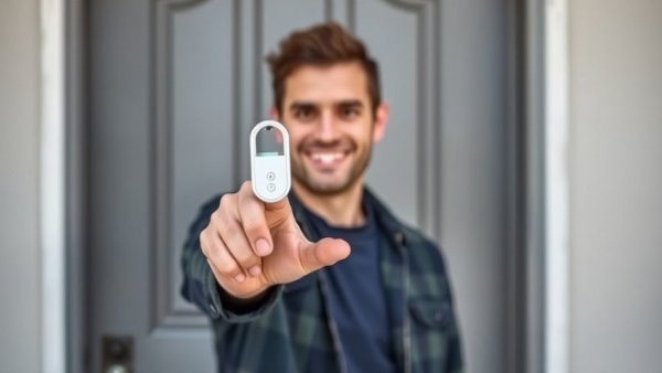 Man inviting smart home upgrades, holding key against gray door.