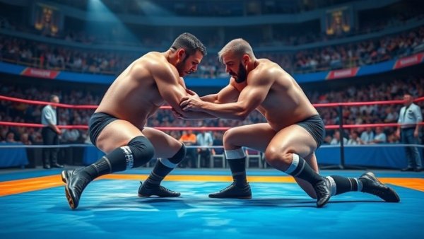 Wrestling match featuring Kadiev vs Gocen analysis in a sports arena.