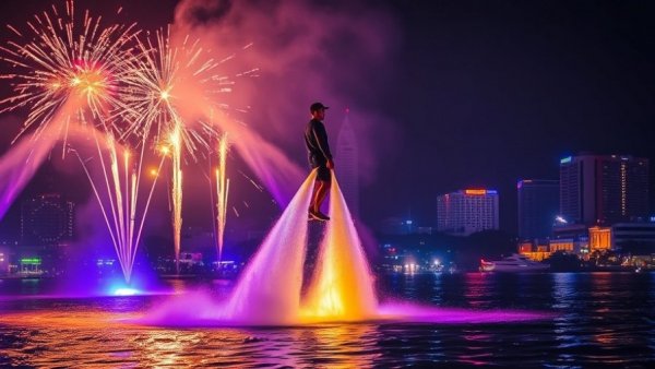 Phnom Penh’s Flying Board Show with bright lights and performer.